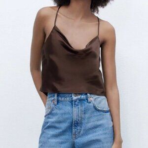 Zara Brown Satin Cowl Neck Camisole Tank Top Corset Button Back Size XS